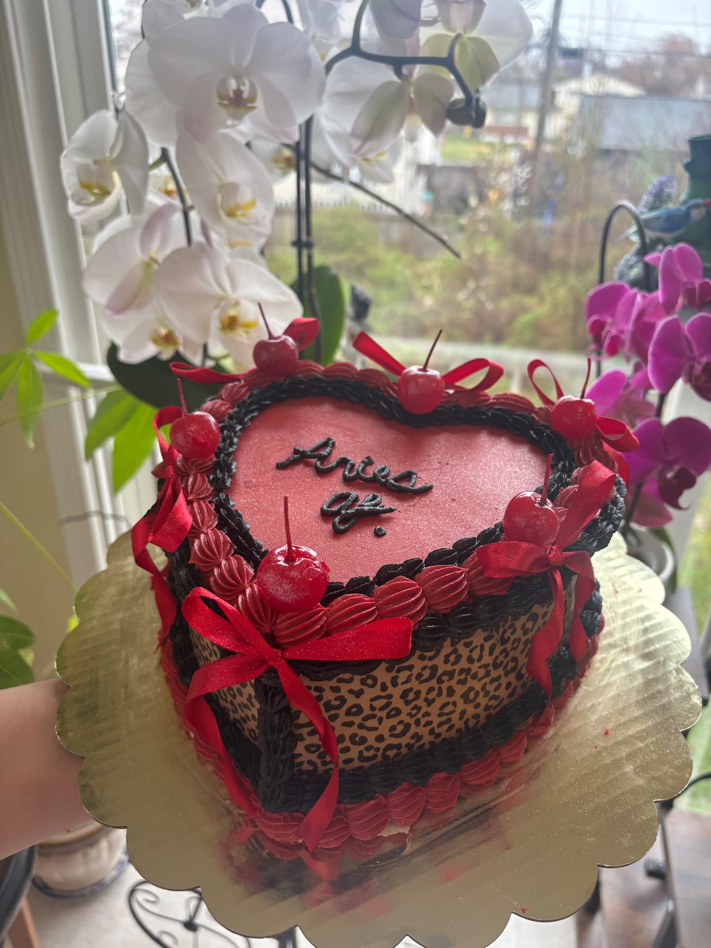 A real BakeToGive heart-shaped cake with black and crimson piped borders, leopard-print sides and cherries tied with red bows
