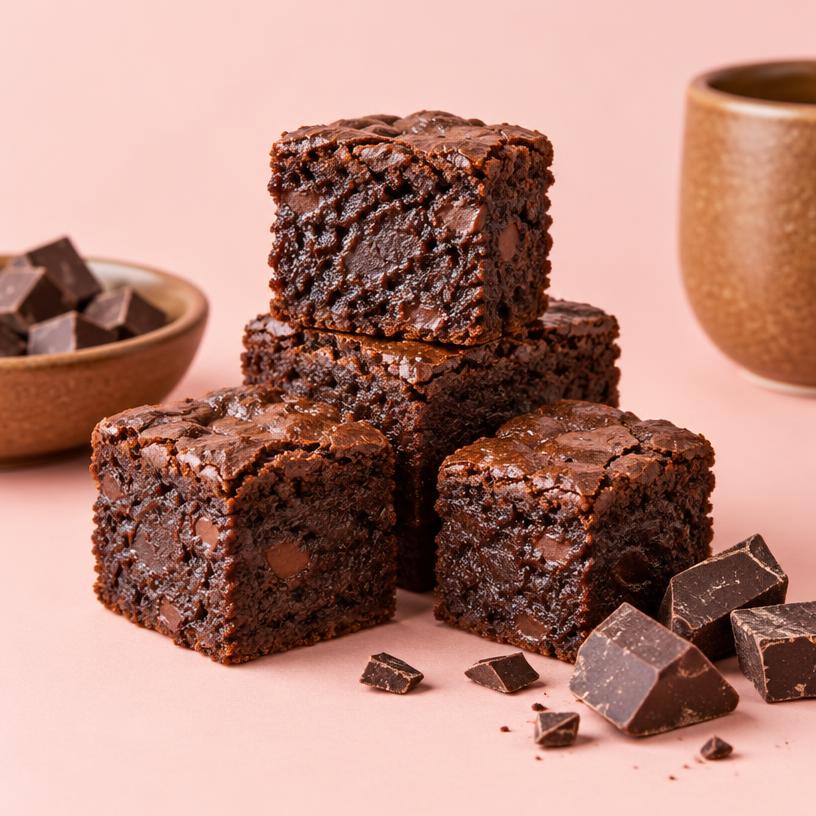 A stack of fudgy chocolate brownie bites with chocolate chunks