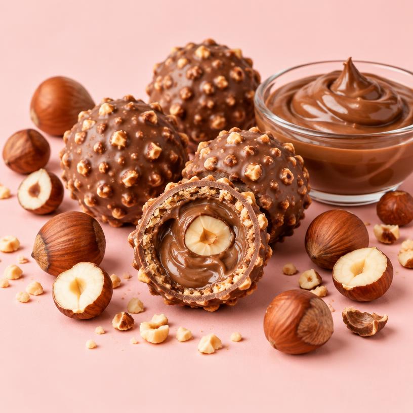 Hazelnut chocolate truffles with whole hazelnuts and a bowl of hazelnut cream