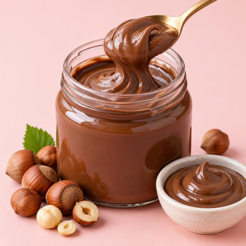 An open jar of Nutella with a spoonful of the spread and hazelnuts