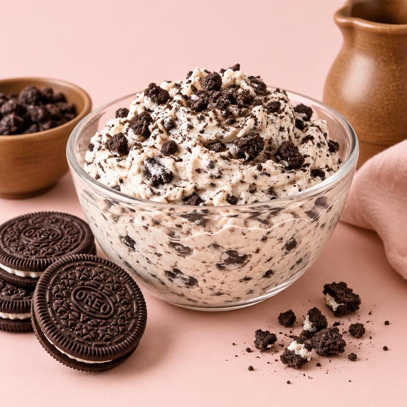 A bowl of crushed Oreo cookie crumbs and cookies-and-cream filling, whole Oreos beside it
