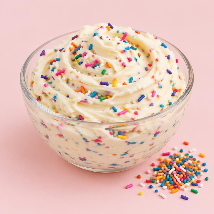 A bowl of vanilla buttercream packed with rainbow sprinkles