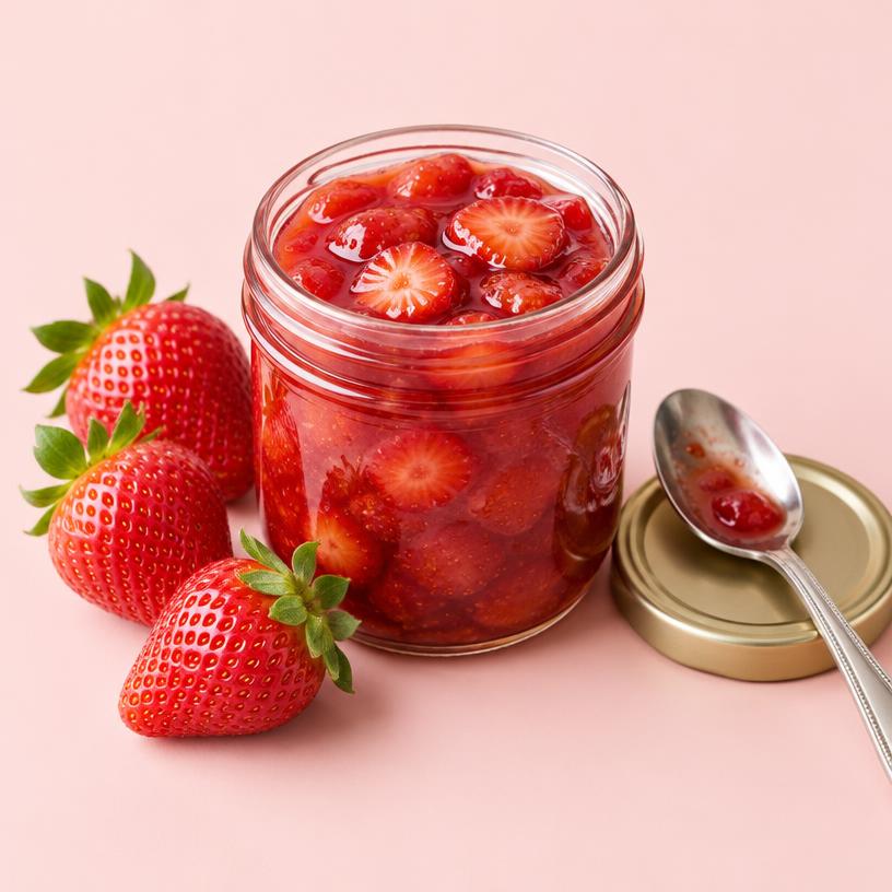 A jar of glossy fresh strawberry compote with ripe strawberries beside it