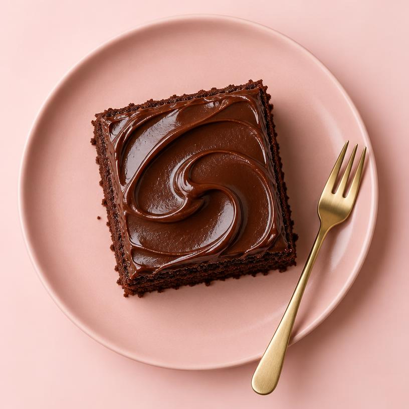 Chocolate sponge slice topped with glossy ganache