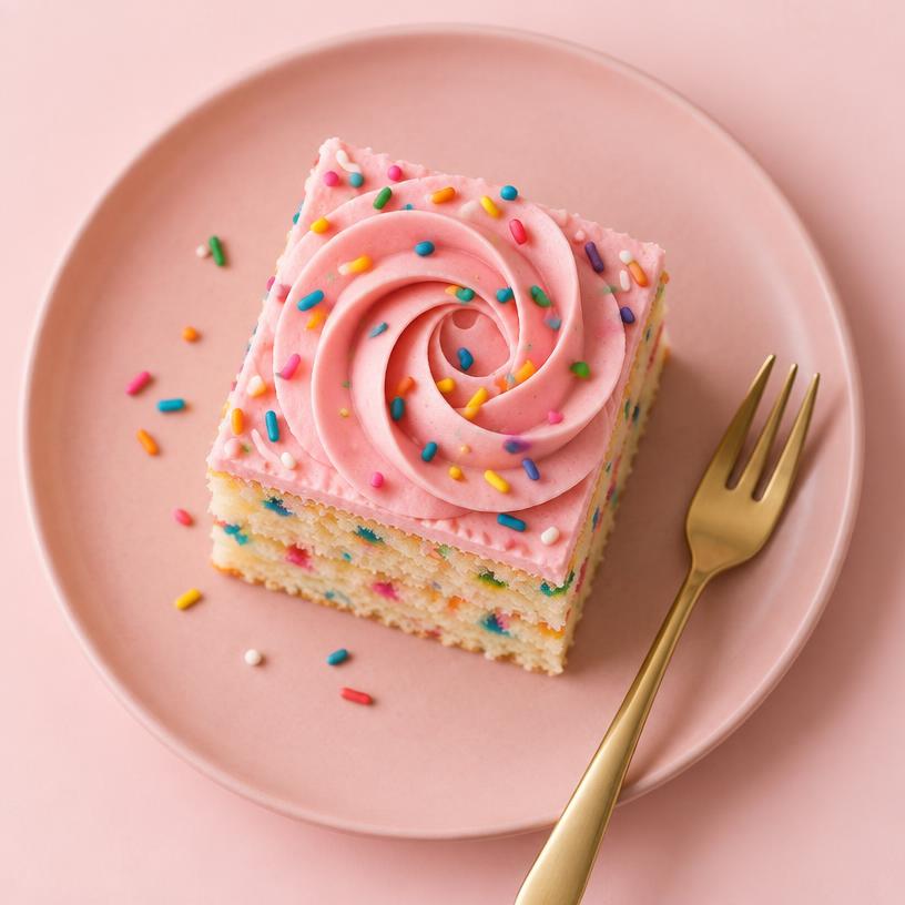 Funfetti sponge slice with rainbow sprinkles and pink buttercream