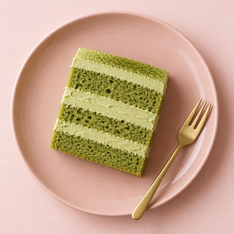 Matcha sponge slice with pale green matcha cream