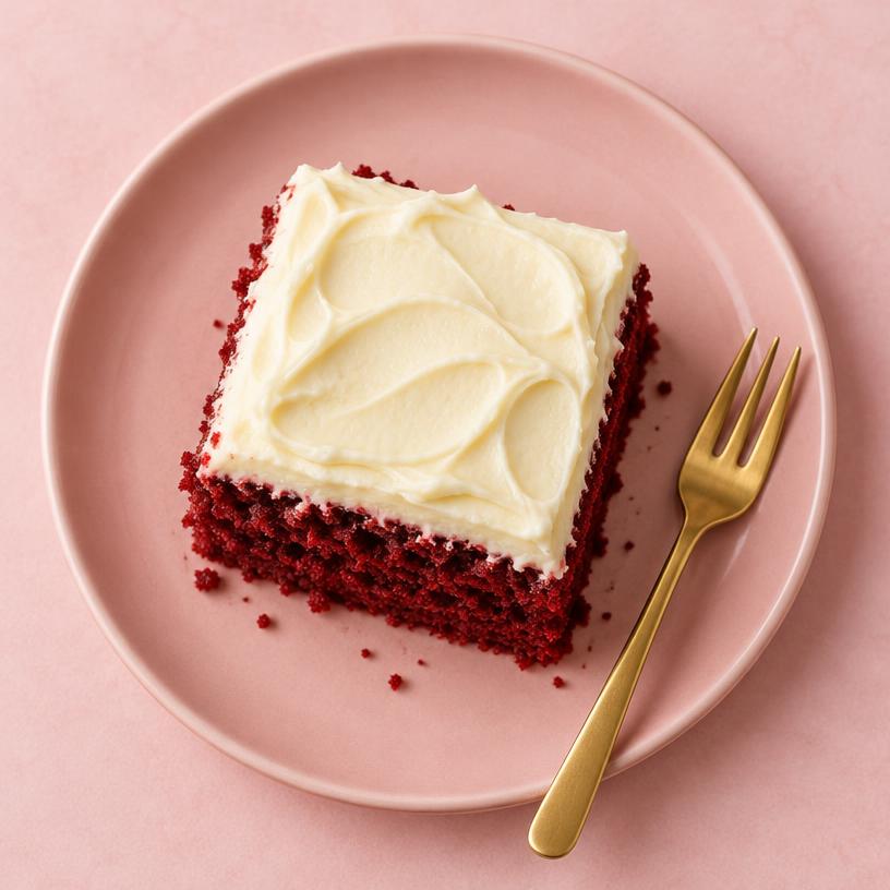 Red velvet sponge slice with cream cheese frosting