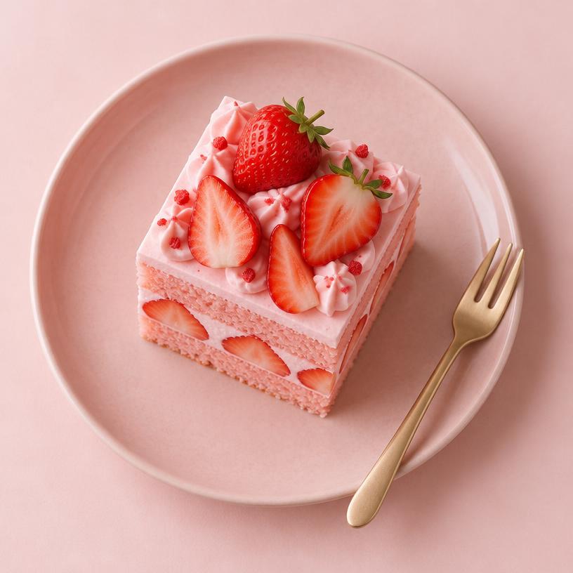 Strawberry sponge slice with fresh strawberries and pink cream