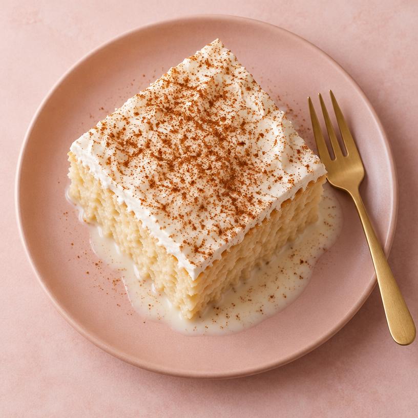 Tres leches sponge slice soaked in milk and dusted with cinnamon